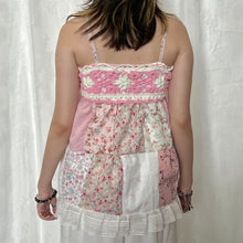 Load image into Gallery viewer, Pink Crochet Bow Solid Pink Mixed Plaid Patchwork Cami Top
