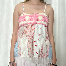 Load image into Gallery viewer, Pink Crochet Bow Main Cherry Patchwork Cami Top
