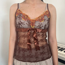 Load image into Gallery viewer, Brown Lace Embroidery Ribbon Mesh Cami Top
