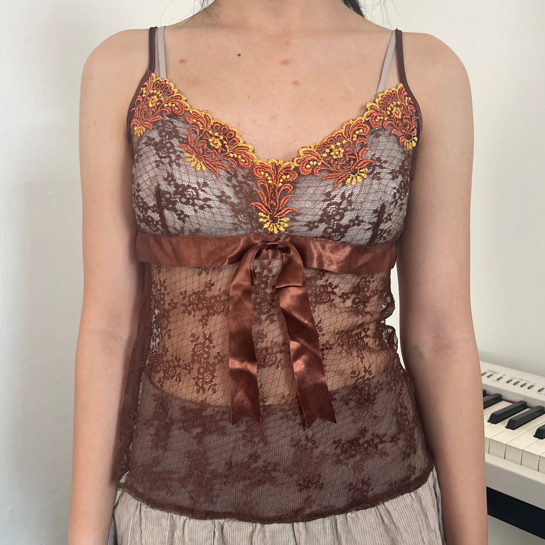 Brown Lace Embroidery Ribbon Mesh Cami Top