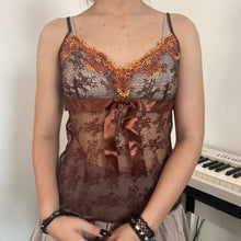 Load image into Gallery viewer, Brown Lace Embroidery Ribbon Mesh Cami Top
