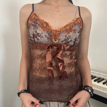 Load image into Gallery viewer, Brown Lace Embroidery Ribbon Mesh Cami Top
