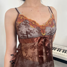 Load image into Gallery viewer, Brown Lace Embroidery Ribbon Mesh Cami Top
