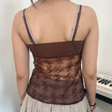 Load image into Gallery viewer, Brown Lace Embroidery Ribbon Mesh Cami Top
