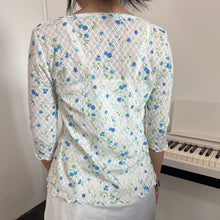 Load image into Gallery viewer, Baby Blue Flowers Lace Open Bottom Tie 3/4 Long Sleeve Top
