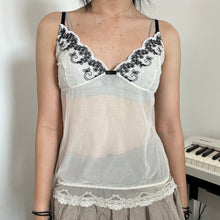 Load image into Gallery viewer, Cream Mesh Lace Bottom Black Flowers Cami Top
