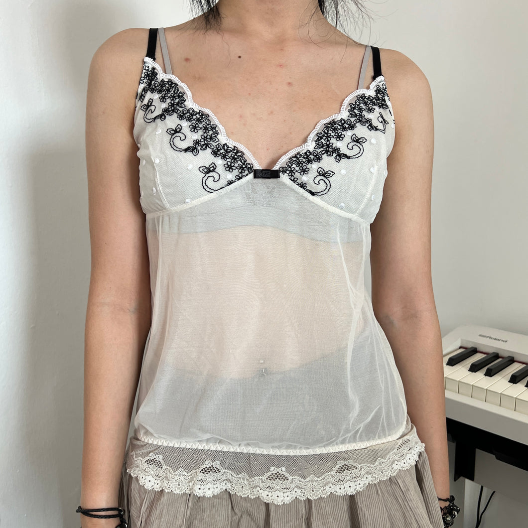 Cream Mesh Lace Bottom Black Flowers Cami Top