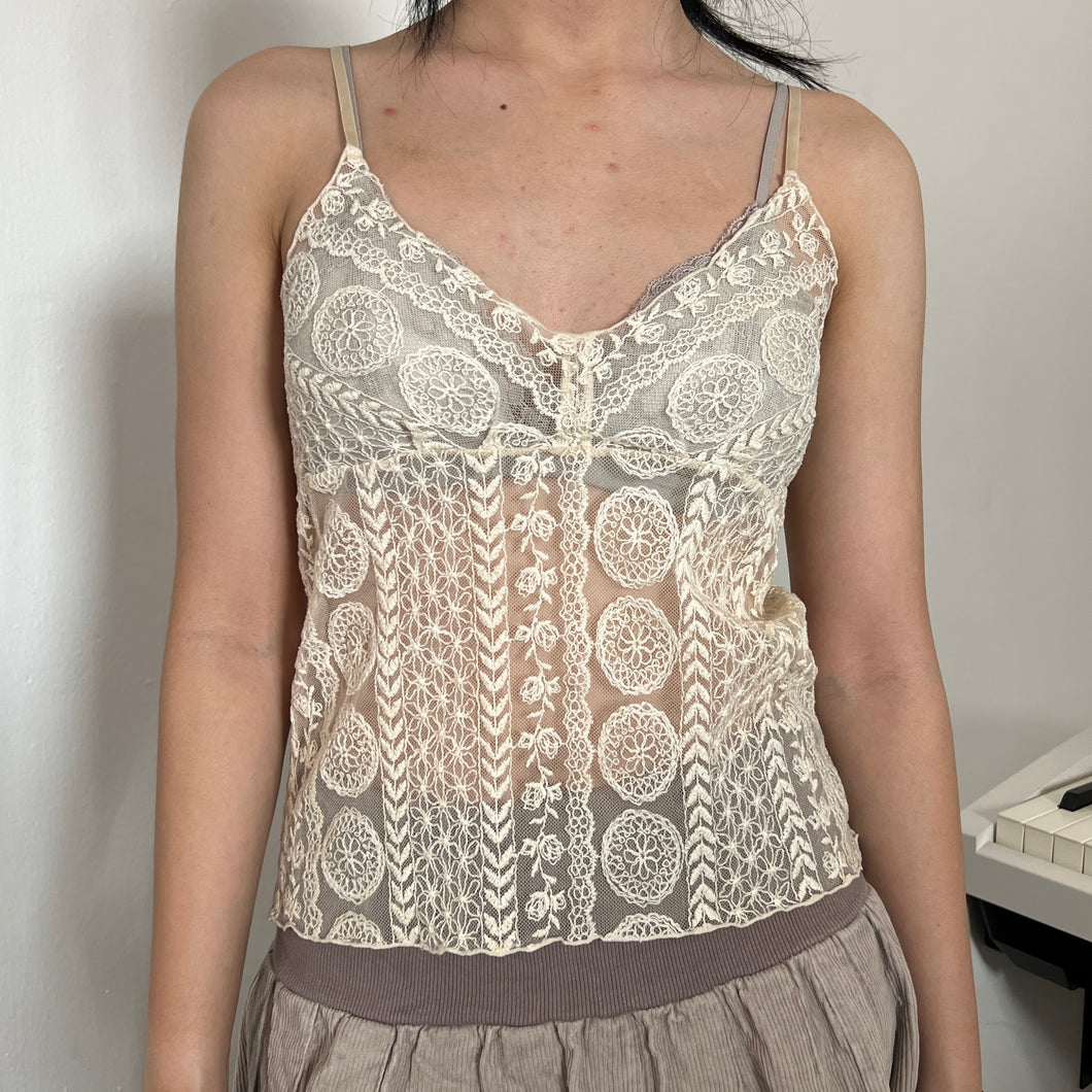 Cream Floral Embroidery Mesh Cami Top