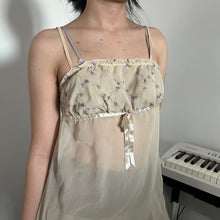 Load image into Gallery viewer, Cream Mesh Purple Embroidered Roses Cami Top
