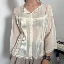 Load image into Gallery viewer, Axes Femme Cream Lace Panels Button Down Long Sleeves Top
