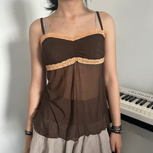 Load image into Gallery viewer, Brown Fairy Ruched Mesh Lace Side Ribbon Cami Top
