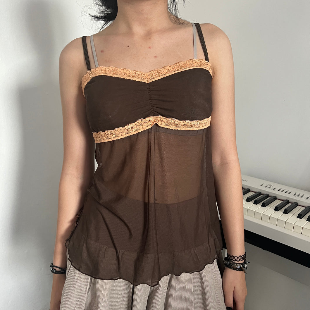 Brown Fairy Ruched Mesh Lace Side Ribbon Cami Top