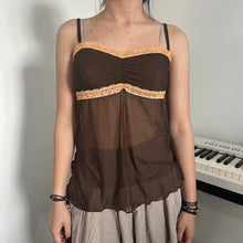 Load image into Gallery viewer, Brown Fairy Ruched Mesh Lace Side Ribbon Cami Top
