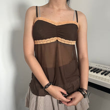 Load image into Gallery viewer, Brown Fairy Ruched Mesh Lace Side Ribbon Cami Top
