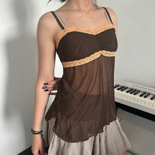 Load image into Gallery viewer, Brown Fairy Ruched Mesh Lace Side Ribbon Cami Top
