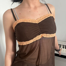 Load image into Gallery viewer, Brown Fairy Ruched Mesh Lace Side Ribbon Cami Top
