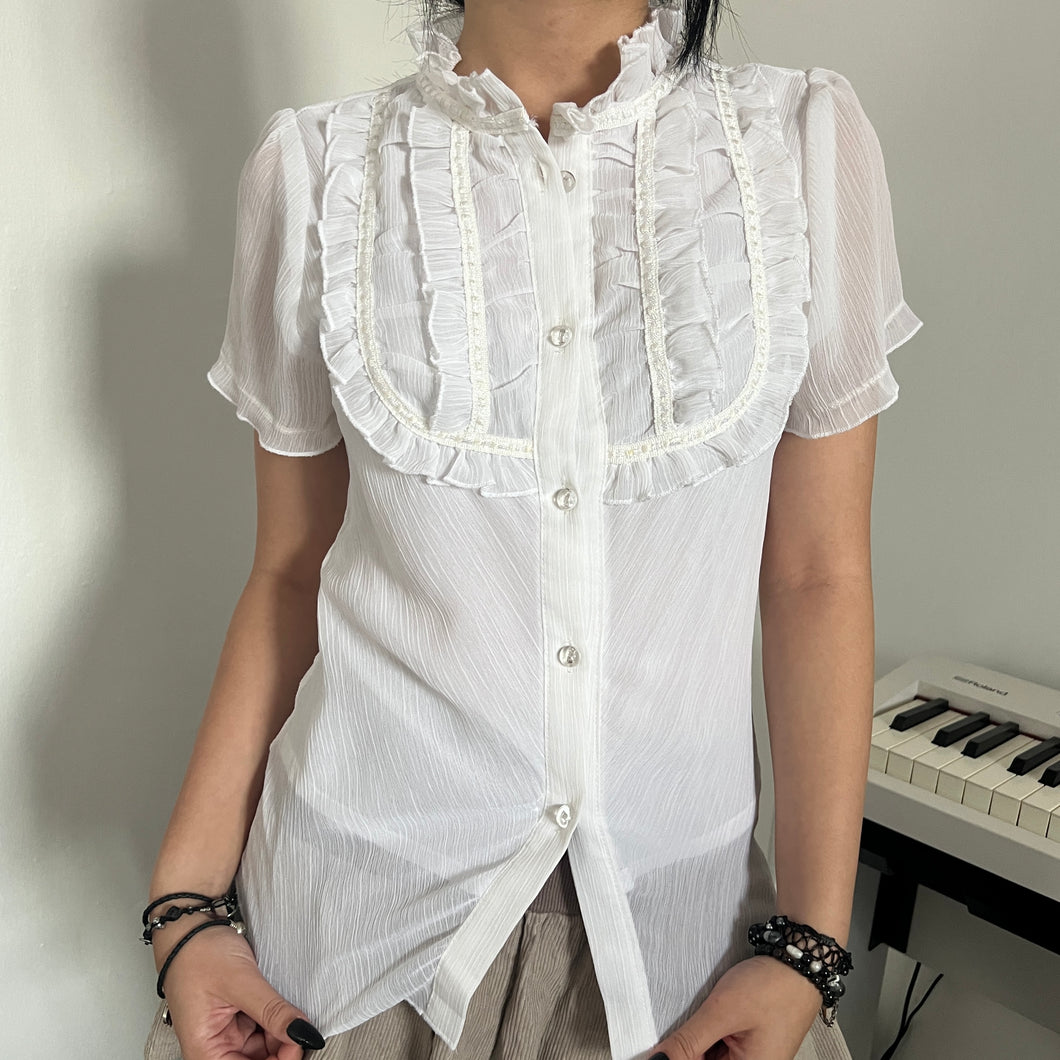 White Ruffles Button Down Double Lined Alice Top