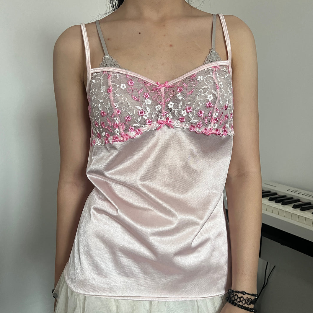 Pink Ribbon Floral Embroidery Silky Cami Top