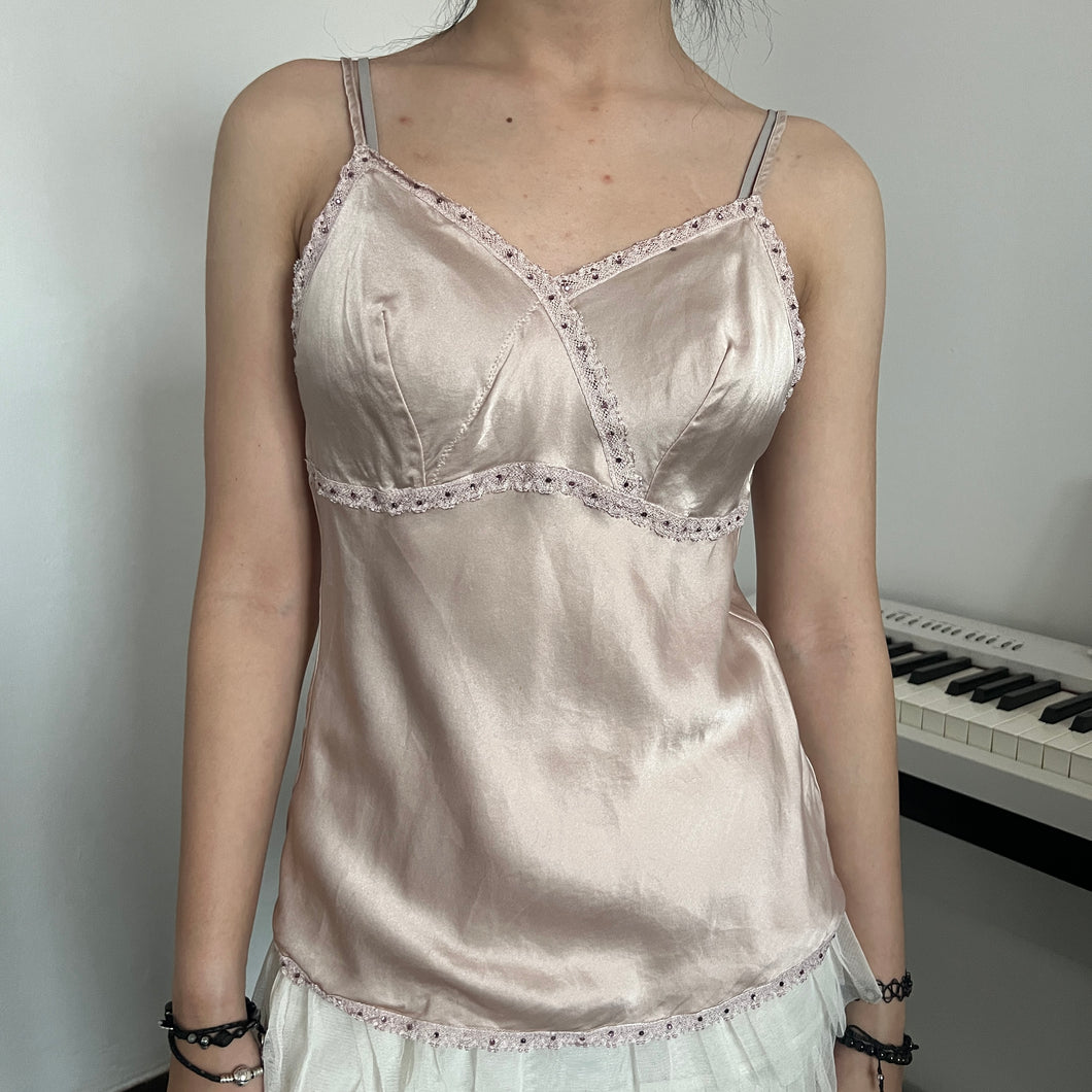 Dusty Pink Silky Rhinestone Cami Top