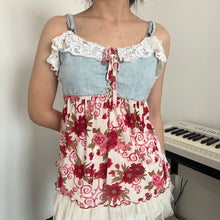 Load image into Gallery viewer, Oriental Red Floral Lace Denim Cami Top
