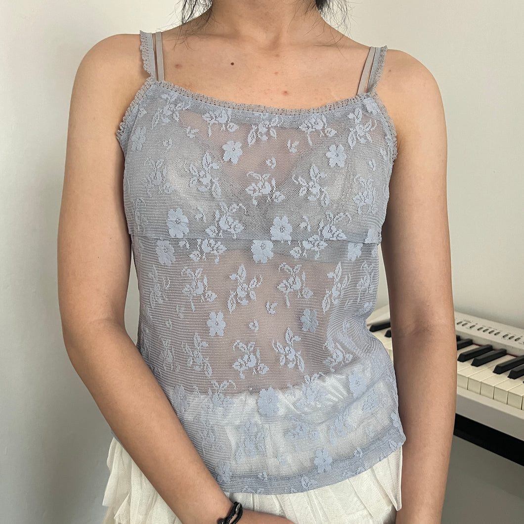 Dusty Grey Blue Floral Mesh Cami Top