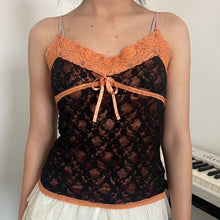 Load image into Gallery viewer, Orange Black Mesh Overlay Lace Cami Top
