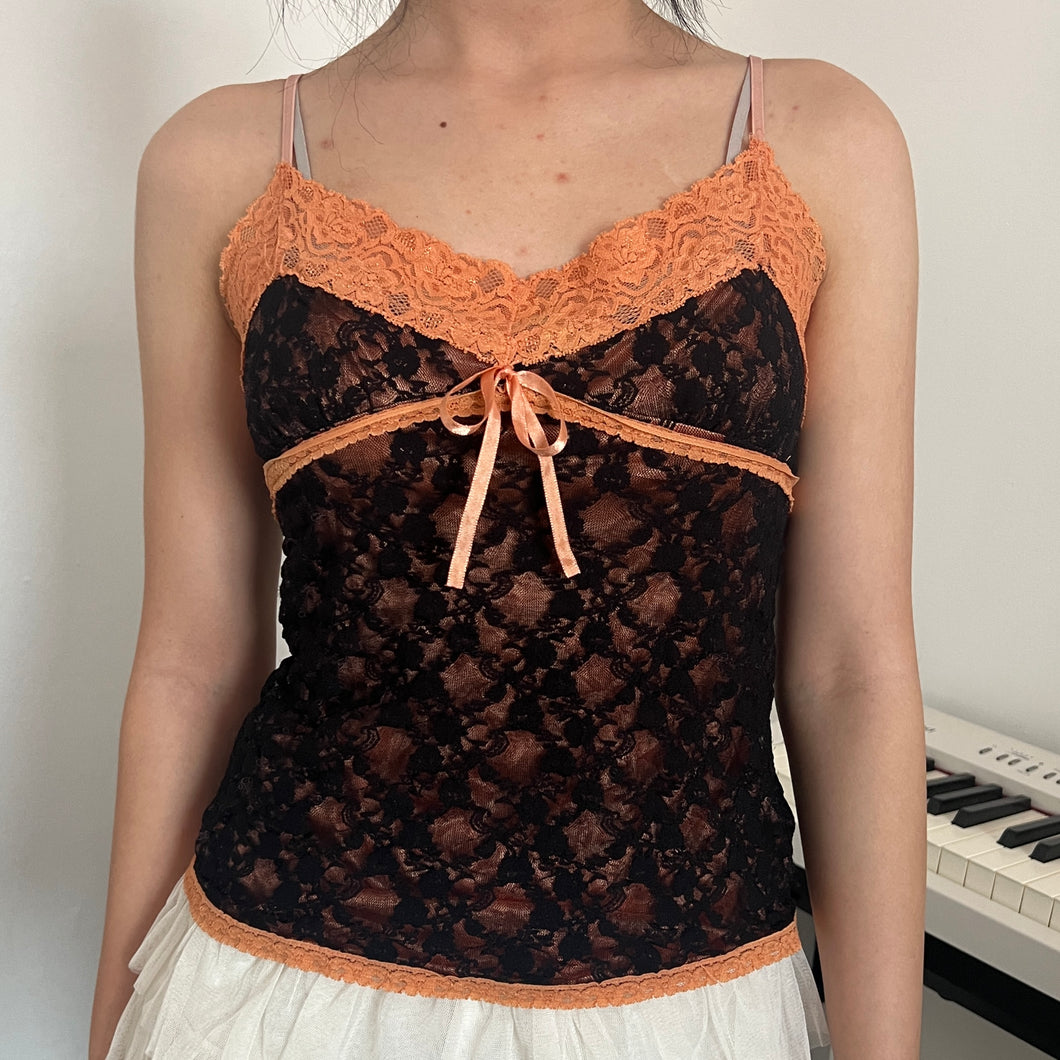 Orange Black Mesh Overlay Lace Cami Top