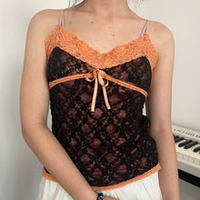 Load image into Gallery viewer, Orange Black Mesh Overlay Lace Cami Top
