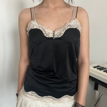 Load image into Gallery viewer, Black Pleated Cream Lace Buttons Silky Cami Top
