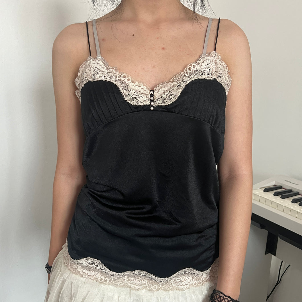 Black Pleated Cream Lace Buttons Silky Cami Top