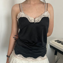 Load image into Gallery viewer, Black Pleated Cream Lace Buttons Silky Cami Top
