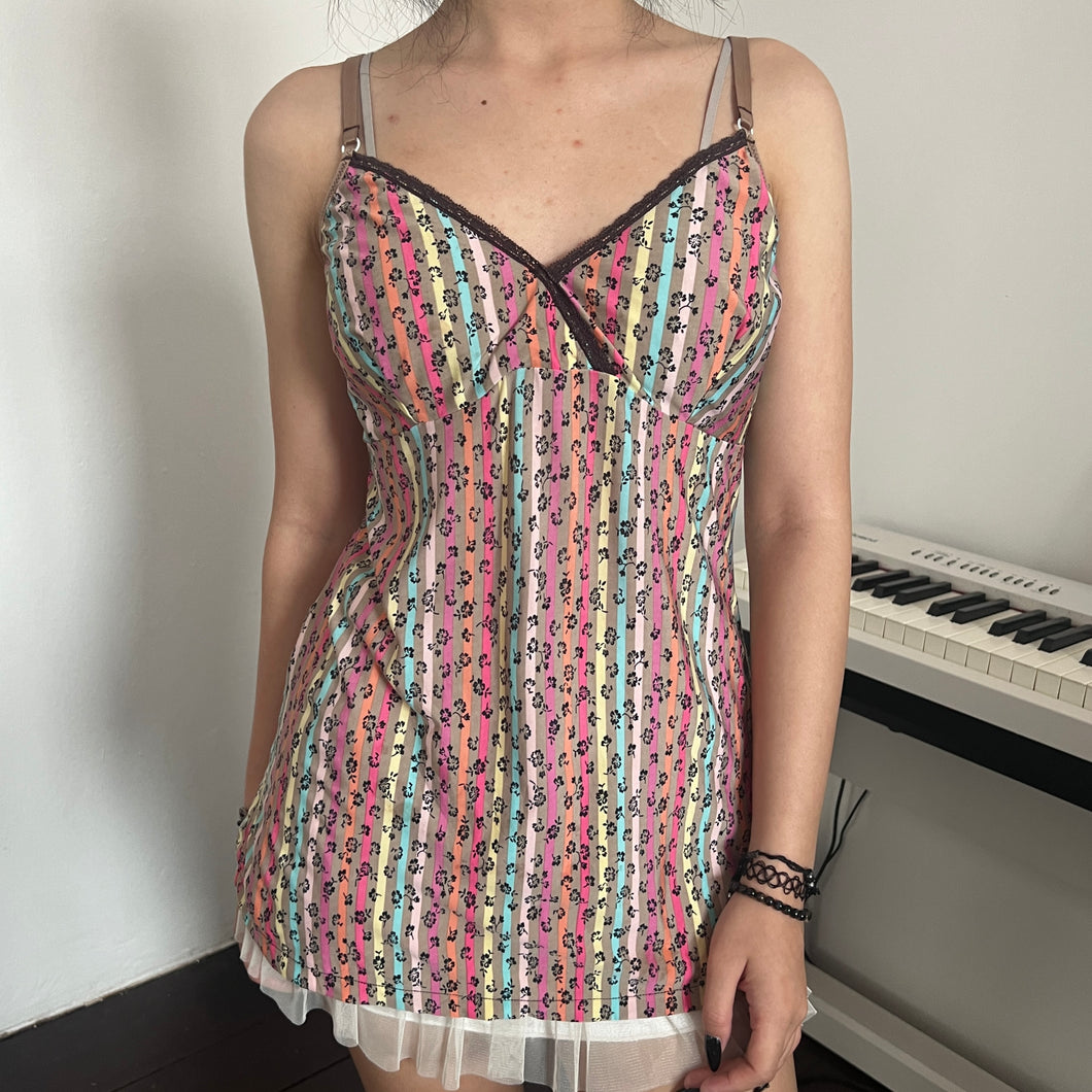 Y2K Floral Rainbow Pinstripes Brown Lace Cami Top