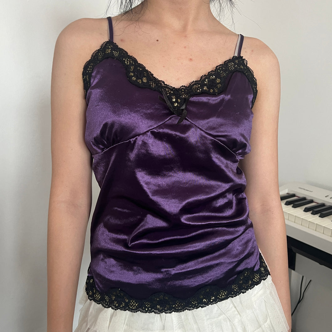 Dark Purple Silky Black Gold Lace Cami Top