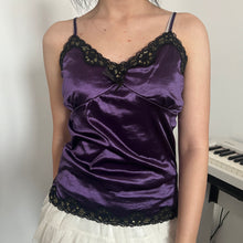 Load image into Gallery viewer, Dark Purple Silky Black Gold Lace Cami Top
