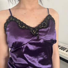 Load image into Gallery viewer, Dark Purple Silky Black Gold Lace Cami Top
