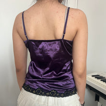 Load image into Gallery viewer, Dark Purple Silky Black Gold Lace Cami Top
