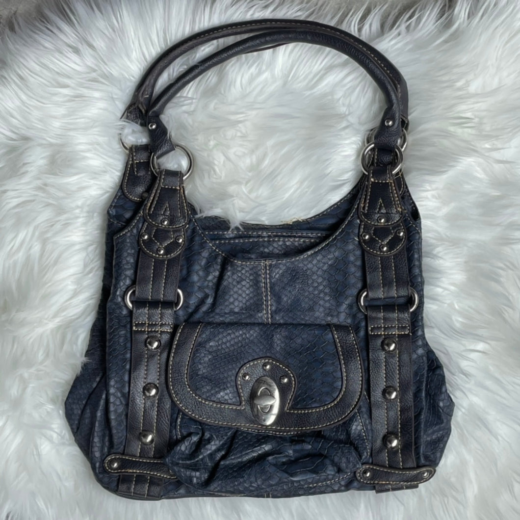 Navy Blue Crocodile Leather Tote Shoulder Bag