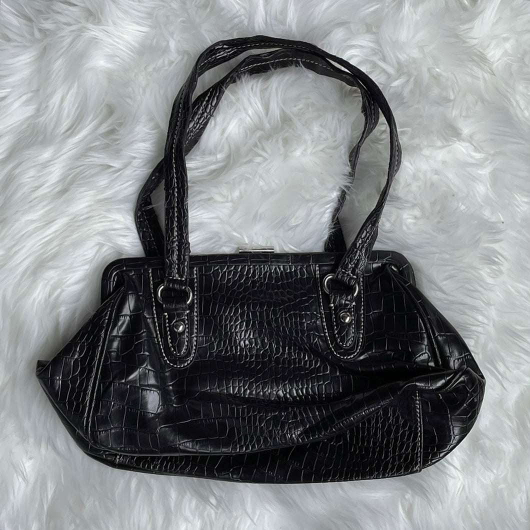 Black Leather Crocodile Shoulder Bag