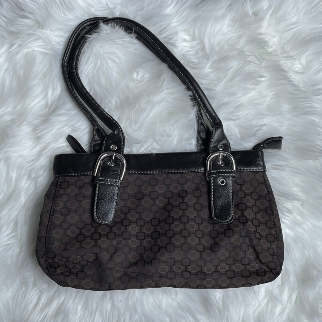 Brown Black Vintage Grids Buckle Handle Shoulder Bag