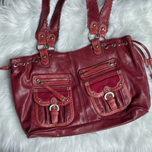 Load image into Gallery viewer, Red Leather Pockets Drawstring Zip Shoulder Bag
