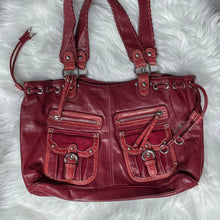 Load image into Gallery viewer, Red Leather Pockets Drawstring Zip Shoulder Bag
