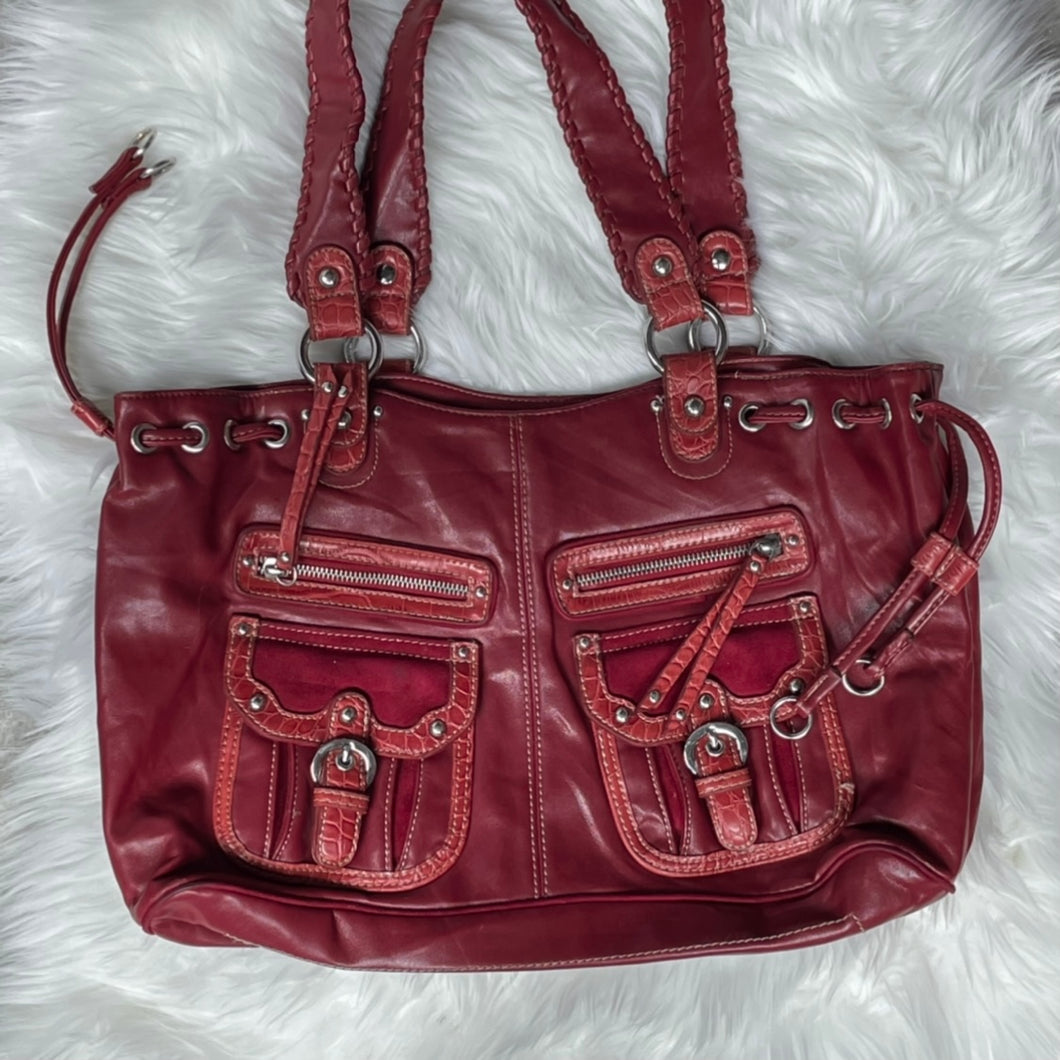 Red Leather Pockets Drawstring Zip Shoulder Bag