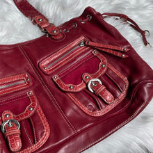 Load image into Gallery viewer, Red Leather Pockets Drawstring Zip Shoulder Bag
