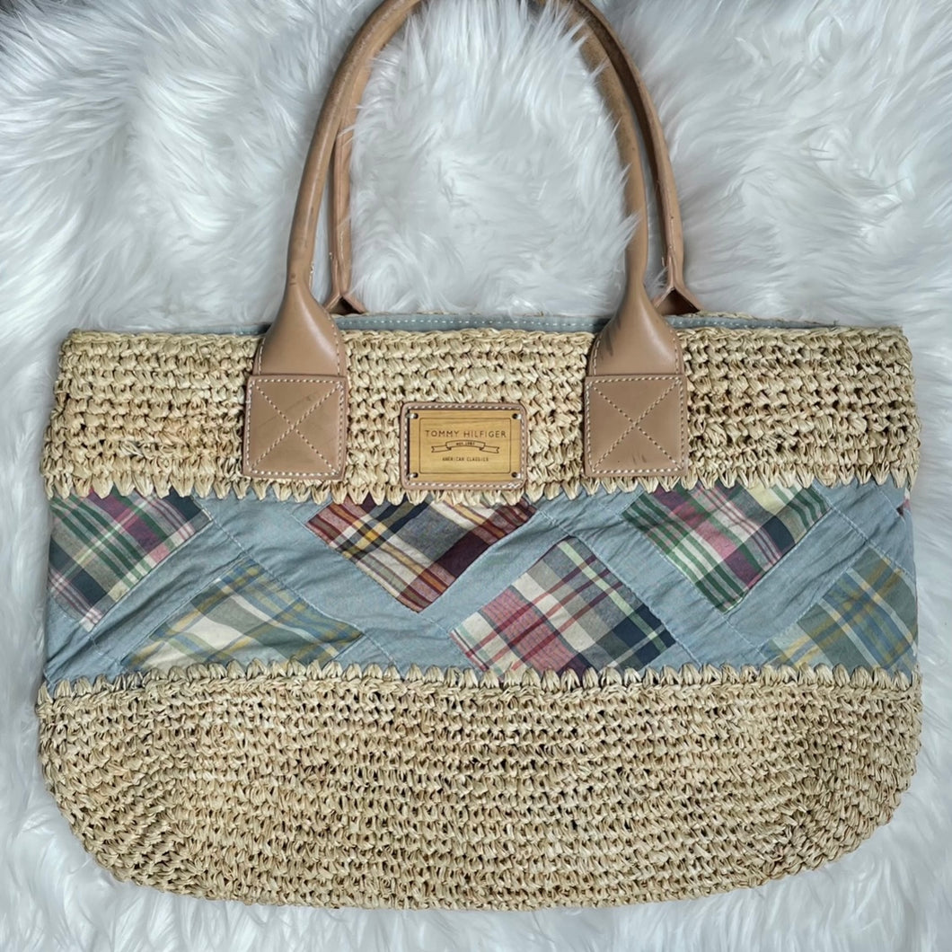 Tommy Hilfiger Straw Blue Checkered Tote Bag