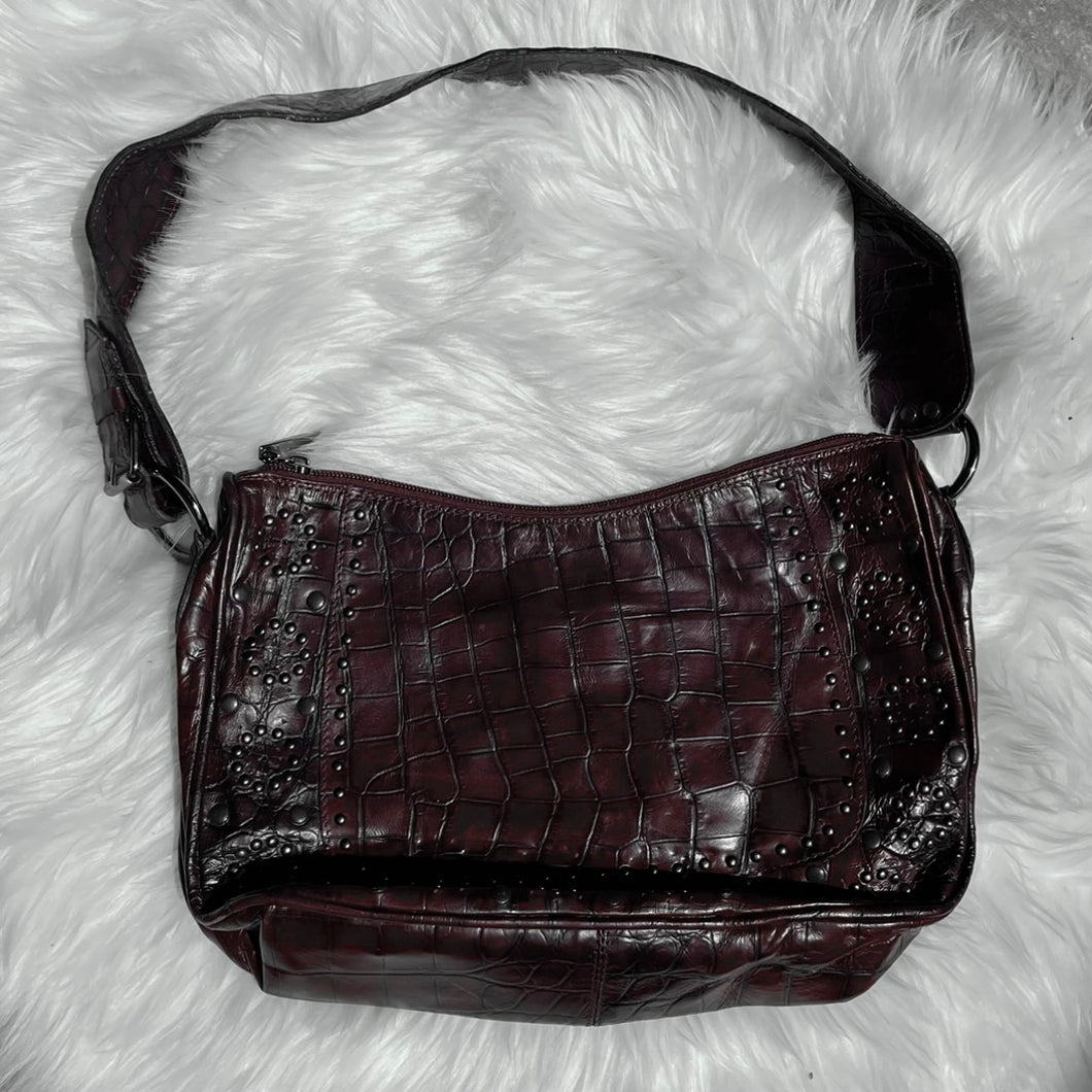 Dark Red Studded Crocodile Hand Bag