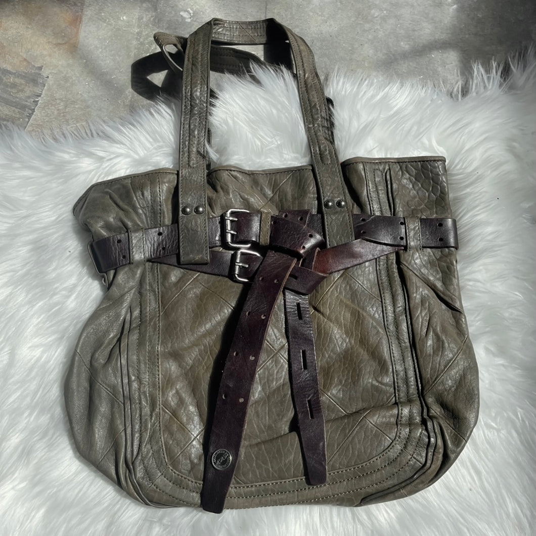 Green Leather Belt Buckle Tote Bag