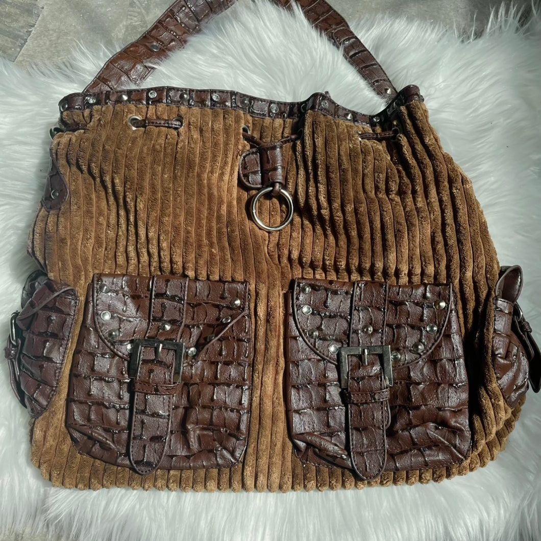 Brown Corduroy Crocodile Leather Buckle Pockets Bag