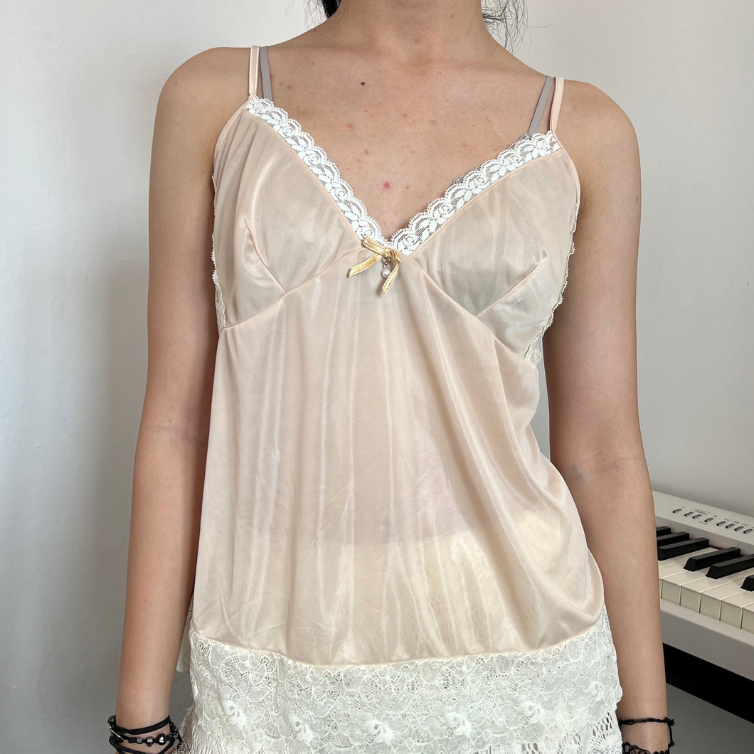 Apricot Mesh Lace Pearl Cami Top