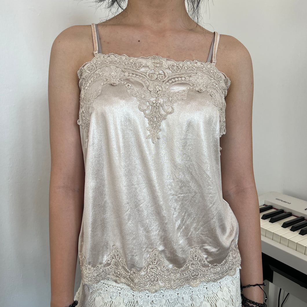 Beige Shimmery Wet Glam Hippie Lace Cami Top