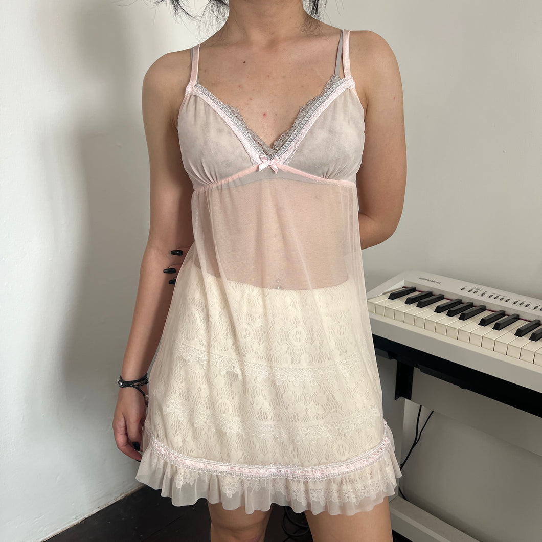 Apricot Pink Mesh Bottom Ruffles Slip Dress